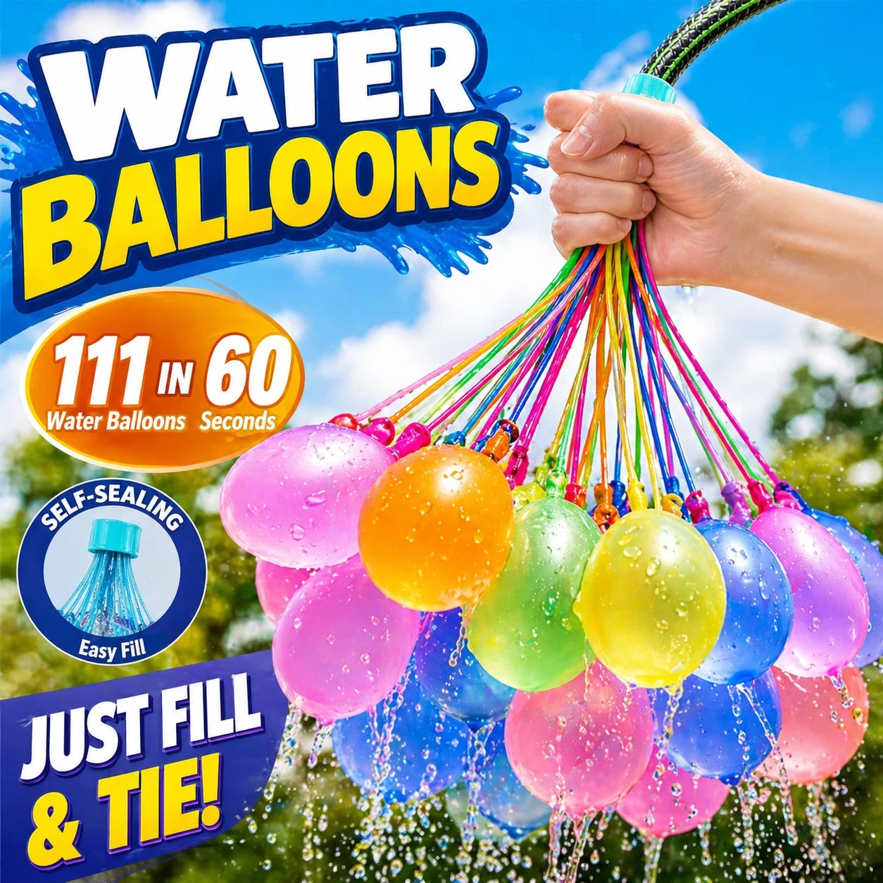 Party Games Bomb - 111 Water Balloons, Fast Spraying Splash